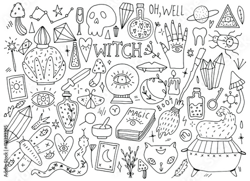 witches set, magic, doodle illustration on white background