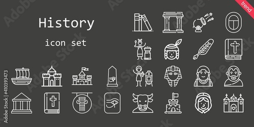 history icon set. line icon style. history related icons such as native american, aristotle, bible, alexander the great, castle, egypt, cannon, egyptian, column, vertical, quill, pilgrim, trireme