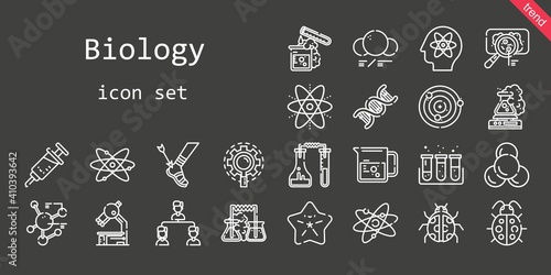 biology icon set. line icon style. biology related icons such as test tube, ladybug, beaker, virus, microscope, structure, research, atoms, vaccine, dna, atomic, molecule, flask, starfish, atom
