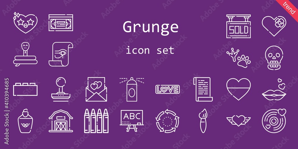 grunge icon set. line icon style. grunge related icons such as love, brush, vhs, bricks, blackboard, sold, crayon, spray, snake, stamp, kiss, heart, footprint, paper, highlighter, barn, repeat grunge icon set. line icon style. grunge related icons such as love, brush, vhs, bricks, blackboard, sold, crayon, spray, snake, stamp, kiss, heart, footprint, paper, highlighter, barn, repeat