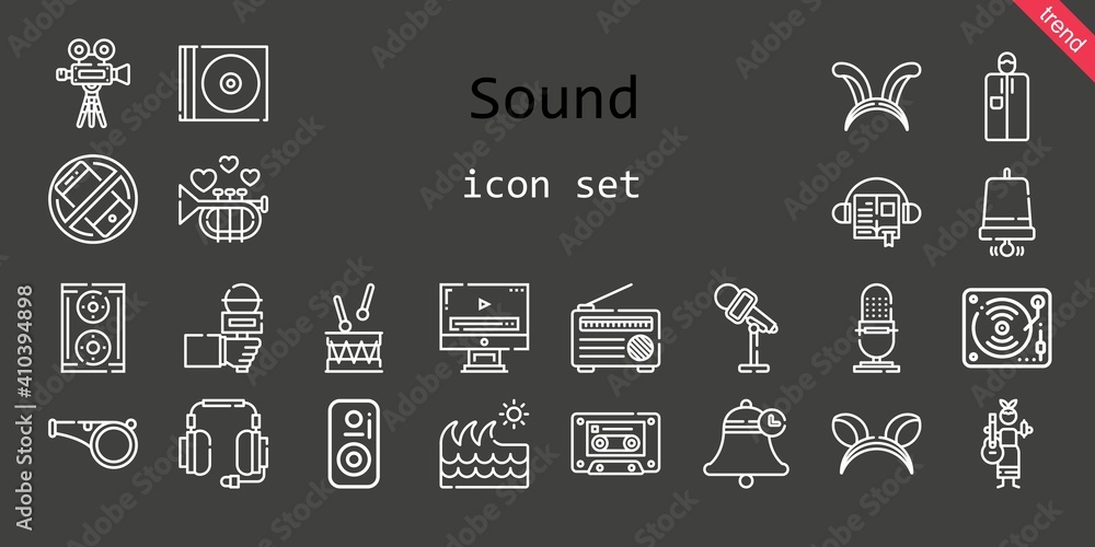 sound icon set. line icon style. sound related icons such as cd, video player, silent, audiobook, headphones, whistle, video camera, drum, portable, cassette, bell, wave, radio, guitar, ears
