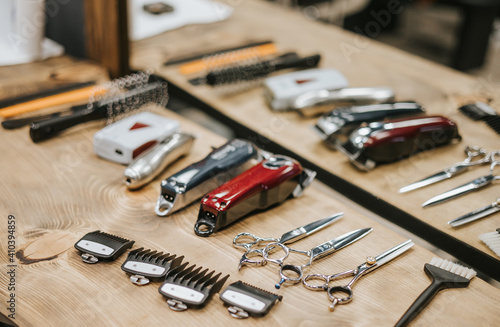 barbershop tools scissors, clippers, hair dryers, combs