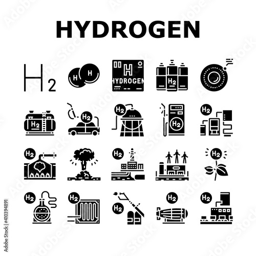 Hydrogen Industry Collection Icons Set Vector. Hydrogen Eco Energy Industrial Plant And Manufacturing Factory, Cylinders And Tank Glyph Pictograms Black Illustrations