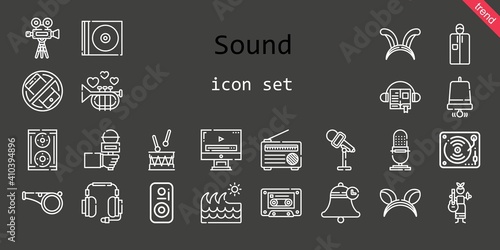 sound icon set. line icon style. sound related icons such as cd, video player, silent, audiobook, headphones, whistle, video camera, drum, portable, cassette, bell, wave, radio, guitar, ears