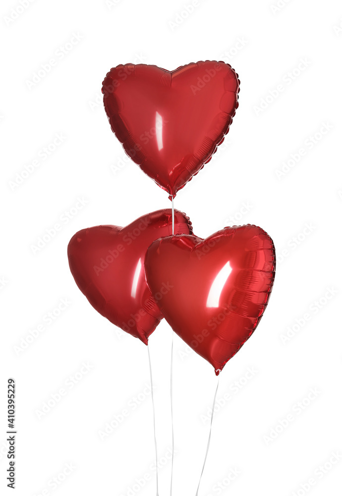 Red heart shaped balloons isolated on white. Valentine's Day celebration