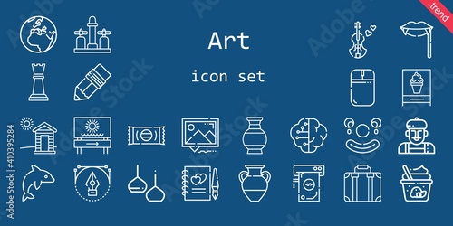 art icon set. line icon style. art related icons such as dolphin, violin, faucet, suitcase, artist, cabin, vase, brain, picture, mouse, guests book, ice cream, money, fangs, light, earth
