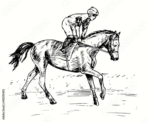 Hand drawn professional athlete jockey on horseback participating in racing on the racetrack. Ink black and white drawing.