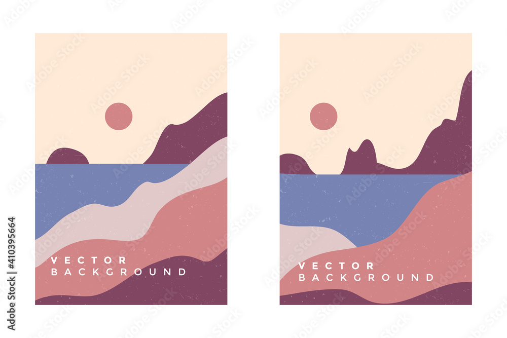 Vector set of minimalist mountain landscapes, cover design, posters, abstract art, cards.Mountains landscape design.Colorful poster, cover design.