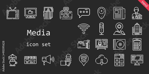 media icon set. line icon style. media related icons such as newspaper, news, calculator, cd, wifi, television, video camera, news report, monitor, carousel, clapperboard, message, monitoring