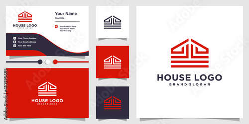 House logo with creative line concept and business card design template Premium Vector