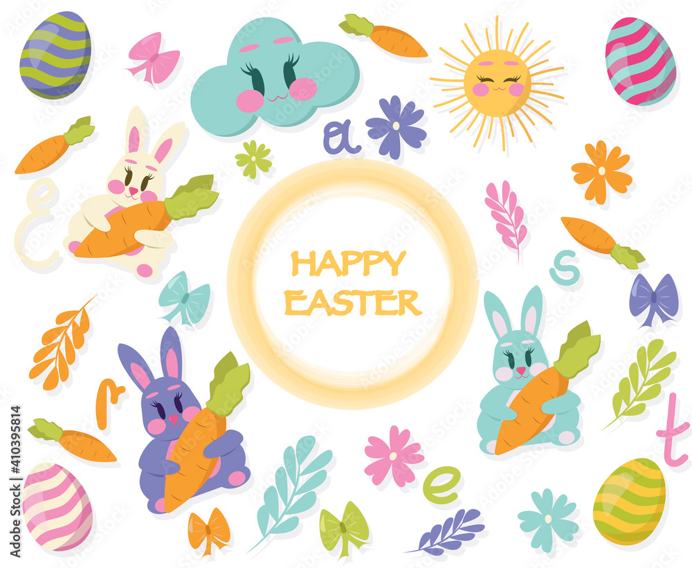 Set of Easter gift tags, scrapbooking elements, labels, badges with cute bunnies and lettering . Easter greeting stickers with bunny, flowers, eggs. 