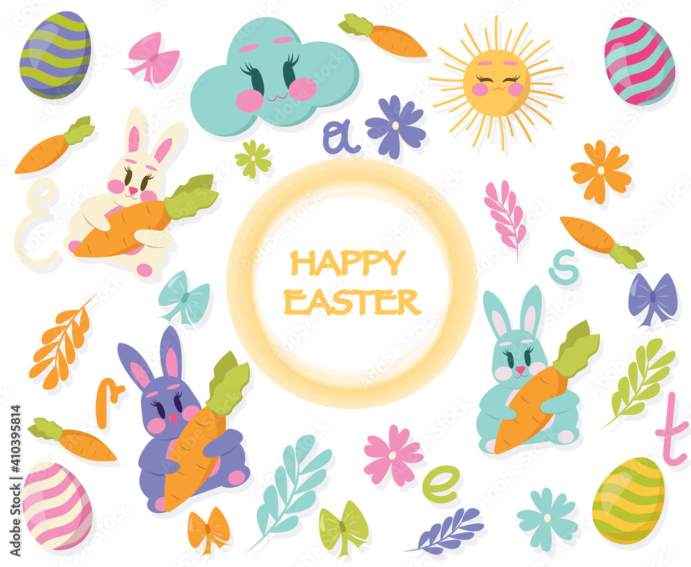 Fototapeta premium Set of Easter gift tags, scrapbooking elements, labels, badges with cute bunnies and lettering . Easter greeting stickers with bunny, flowers, eggs. 