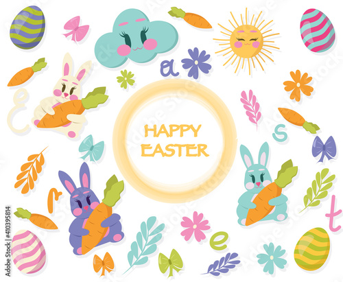 Set of Easter gift tags, scrapbooking elements, labels, badges with cute bunnies and lettering . Easter greeting stickers with bunny, flowers, eggs. 