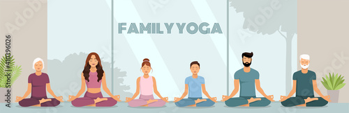 The concept of family yoga. Mother, father, son, daughter, grandmother, grandfather do yoga indoors. The family meditates in the lotus pose. Healthy Lifestyle. Stock vector illustration in flat style.