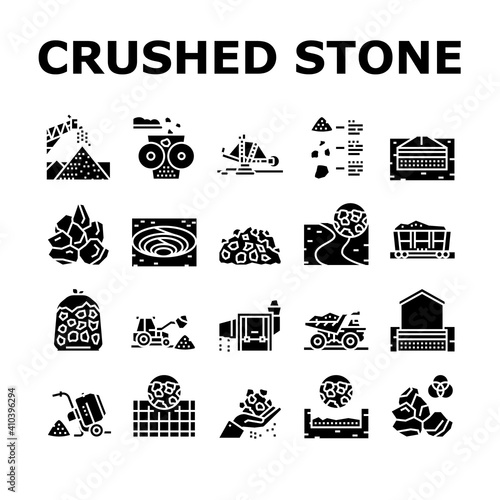 Crushed Stone Mining Collection Icons Set Vector. Heavy Machinery And Excavator, Dump Truck And Railway Carriage, Stone Mine Equipment Glyph Pictograms Black Illustrations