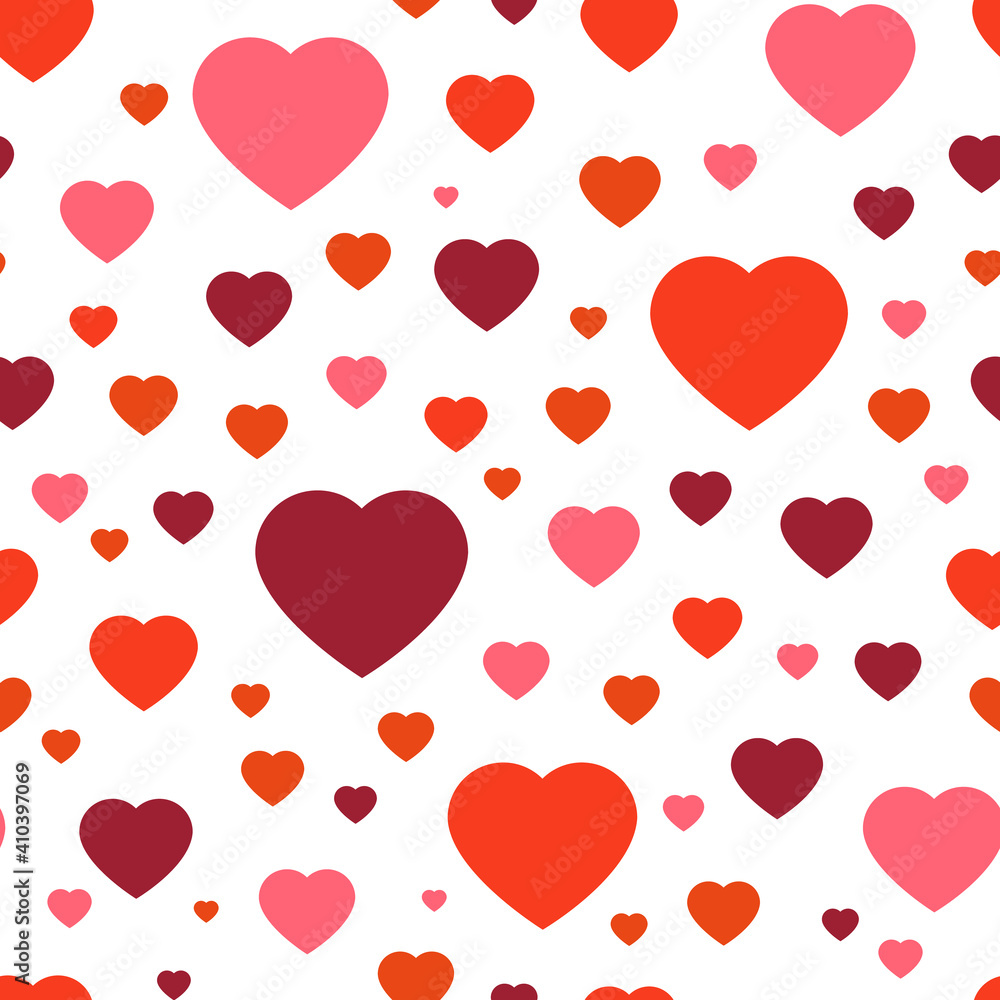 Seamless vector pattern red hearts on white background. Color pattern with hearts. Chaotic pattern hearts. Backdrop for valentines day or card love.