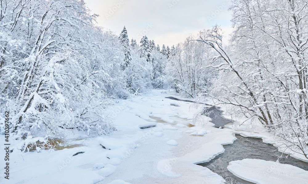 frozen river. snowy beautiful winter