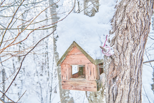 wooden bird feeder in winter © enskanto