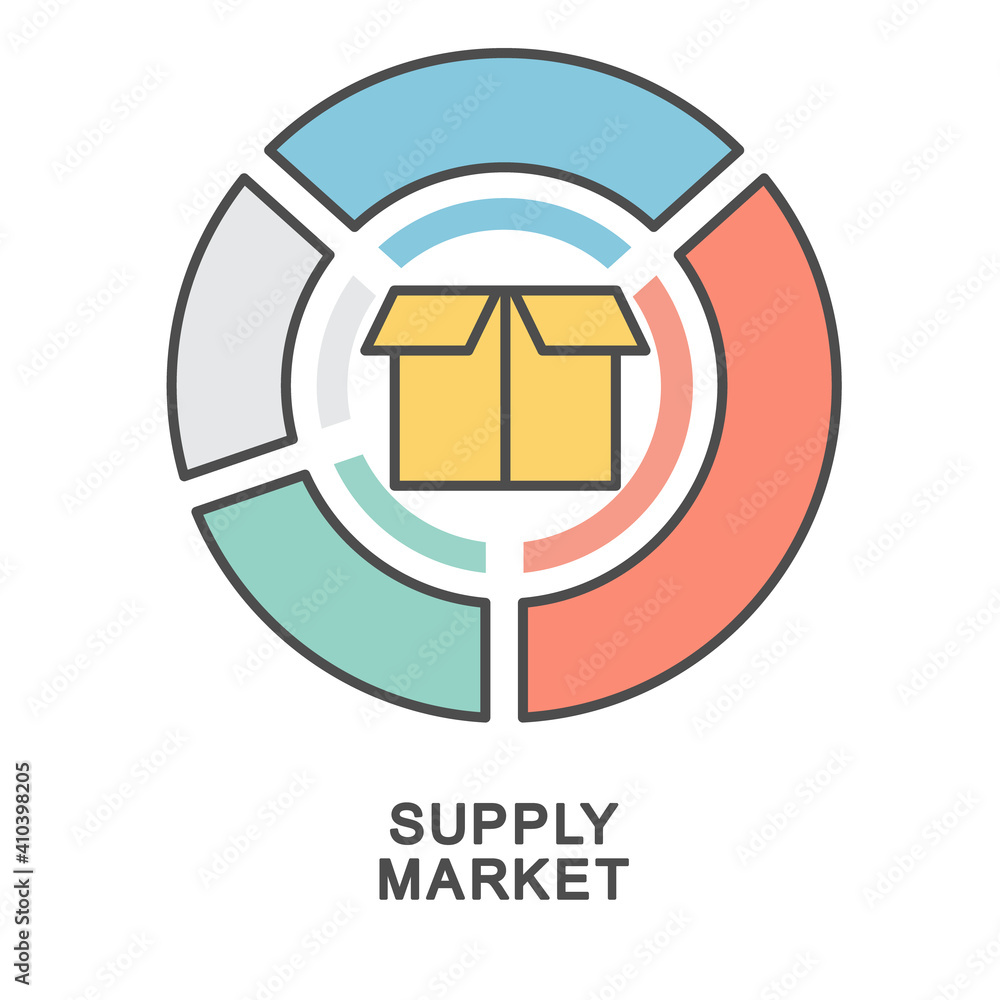 Icon - supply in the consumer market. The packaging chart is the quantity of goods and services for sale at specified prices in the consumer market. The thin contour lines with color fills. Icon - supply in the consumer market. The packaging chart is the quantity of goods and services for sale at specified prices in the consumer market. The thin contour lines with color fills.