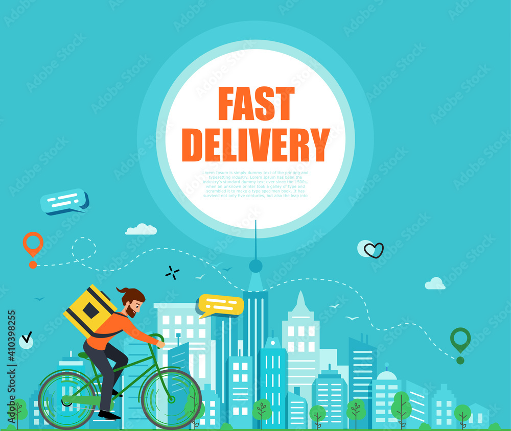 Fast Delivery order. Blue poster delivery goods. Delivery guy walking around city on Bicycle. Template layout poster or web. Vector illustration. Fast Delivery order. Blue poster delivery goods. Delivery guy walking around city on Bicycle. Template layout poster or web. Vector illustration.