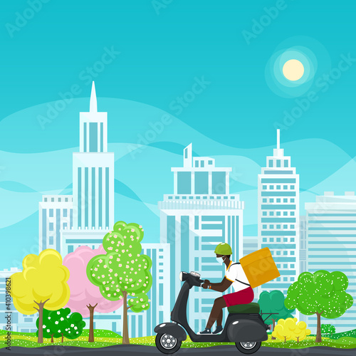Young african guy in protective face mask with box for food delivery rides a gray scooter on a spring background of colorful trees and cities,online delivery service and stay home concept,vector