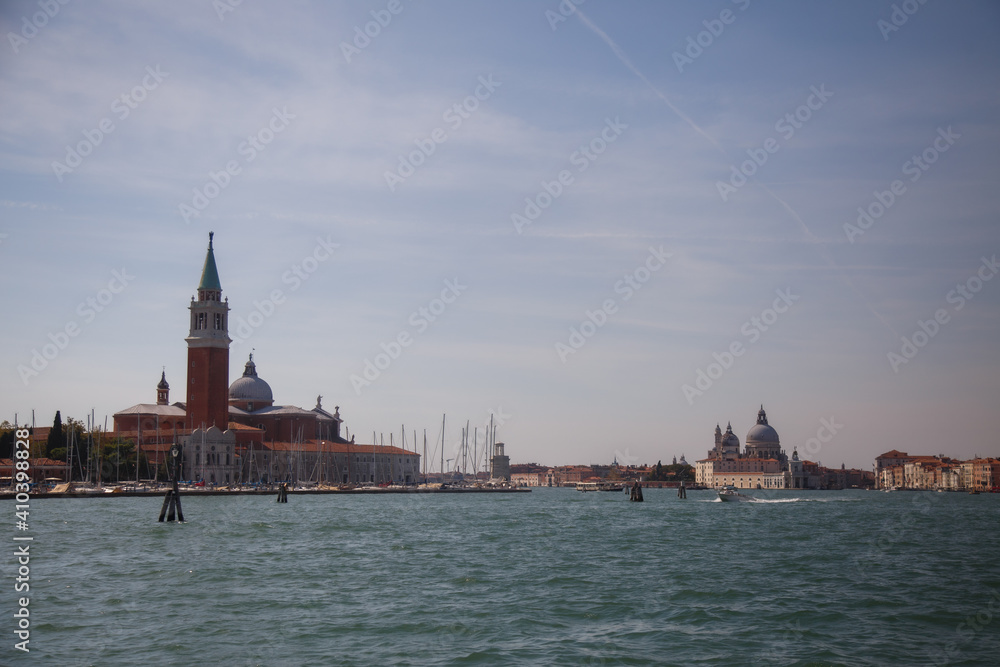 Venice, Italy - September 2020: Bay of Venice, view from the water to Venice Venice, Italy - September 2020: Bay of Venice, view from the water to Venice
