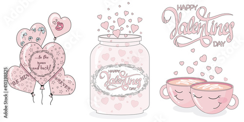 Set of cards for Valentine's Day, 
Lovely cups, jar, powder-pink balls. World kiss day. Templates for sheet metal with inscription. Typography, poster, card, label, banner, design set. Vector illustra