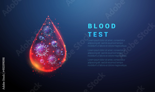 Abstract falling red drop of blood with virus inside.