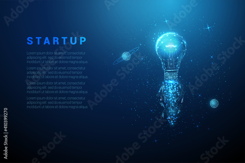 Abstract blue glowing light bulb rocket launch