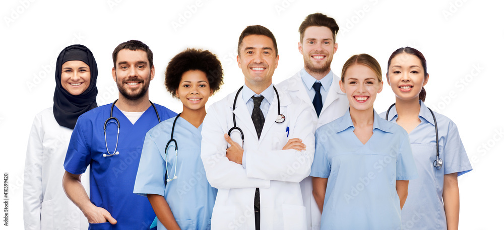 © Syda Productions - medicine, healthcare and people concept - international group of happy smiling doctors over white background