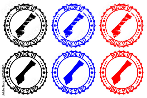 Made in Gaza Strip - rubber stamp - vector, Gaza Strip map pattern - black, blue and red