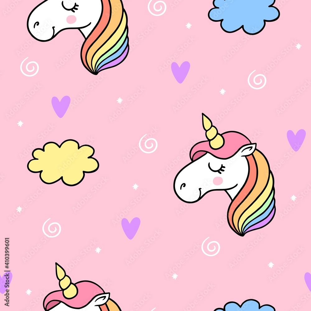 Never ending cute doodle pattern with lgbt rainbow, hearts, unicorn and clouds. Gay pride. Pride Month. Love, freedom, support, lgbtq+
