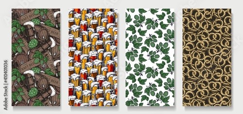 Trendy seamless beer patterns. Set of brewing backgrounds for oktoberfest. Endless texture with hop and barrel for wallpaper