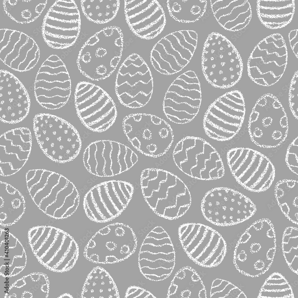 Chalk Easter eggs pattern. Children drawing eggs hand drawn wax crayons art on grey. Crayon style Easter print. Whitepastel crayons freehand drawn egg background. Fabric Easter texture.Chalk eggs. Chalk Easter eggs pattern. Children drawing eggs hand drawn wax crayons art on grey. Crayon style Easter print. Whitepastel crayons freehand drawn egg background. Fabric Easter texture.Chalk eggs.