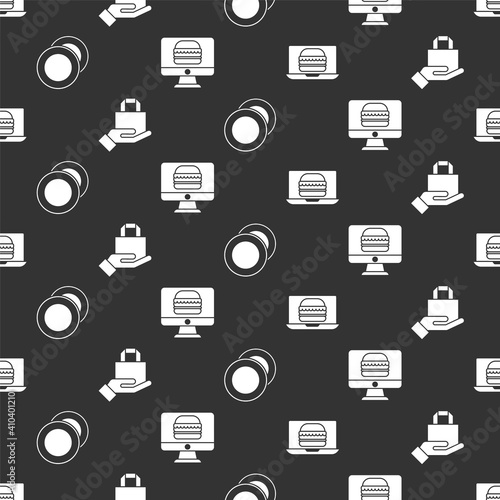 Set Online ordering burger delivery, Online ordering and delivery, Plate and Online ordering and delivery on seamless pattern. Vector.