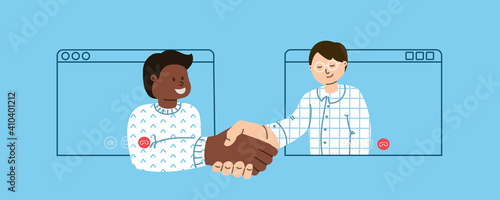 videoconference. Two men communicate via video communication. Handshake over the Internet. Distance business conference concept.