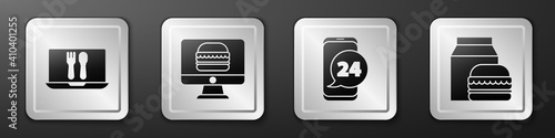 Set Online ordering and delivery, Online ordering and delivery, Food ordering and Online ordering and burger delivery icon. Silver square button. Vector.