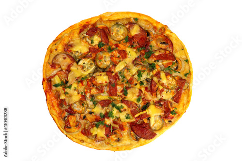 Fresh homemade pizza with sausage, cheese and pickles top view, isolated on white