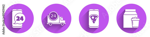 Set Food ordering, Fast delivery by car, Food ordering pizza and Online ordering and delivery icon with long shadow. Vector.