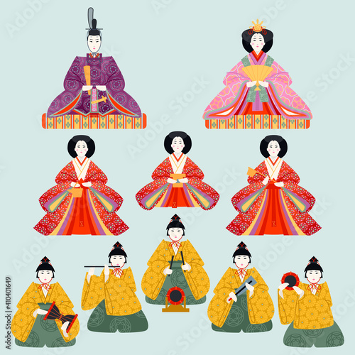 Japanese Hinamatsuri festival (Doll’s Day or Girls’ Day). Set of ornamental dolls.