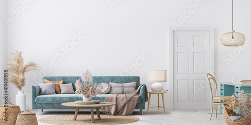 Home interior mock-up with blue sofa, wooden table and decor in white living room, panorama, 3d render photo