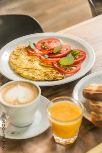 breakfast brunch coffee and juice ready to eat