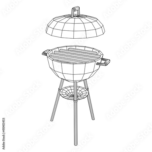 Round barbecue grill. Outdoor bbq party. Wireframe low poly mesh vector illustration