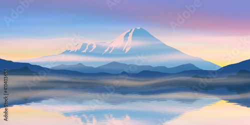 Picturesque reflection of mountains in the lake. Fantasy on a morning landscape.Volcanoes of Kamchatka.