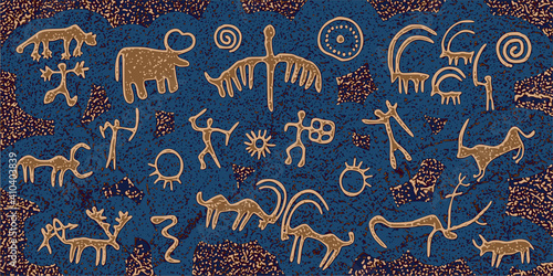 Panel on the ethnic theme. A series of petroglyphs, rock paintings. Vector design.