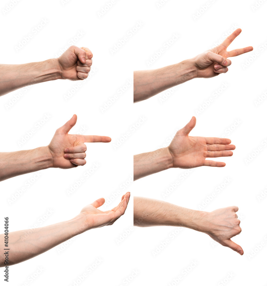 Hand gestures set on white background. Fist, all OK, forefinger use this, open palm, handout, thumbs down Hand gestures set on white background. Fist, all OK, forefinger use this, open palm, handout, thumbs down