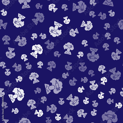 White Addiction to the drug icon isolated seamless pattern on blue background. Heroin, narcotic, addiction, illegal. Sick junkie with a syringe and medical pills. Vector.