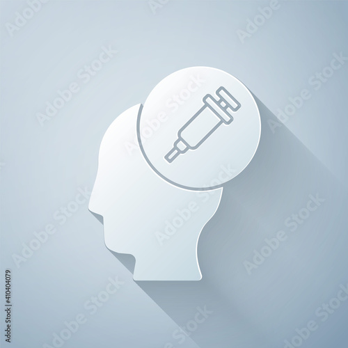 Paper cut Addiction to the drug icon isolated on grey background. Heroin, narcotic, addiction, illegal. Sick junkie with a syringe and medical pills. Paper art style. Vector.