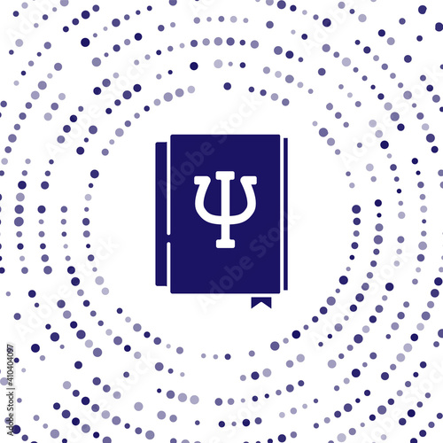 Blue Psychology book icon isolated on white background. Psi symbol. Mental health concept, psychoanalysis analysis and psychotherapy. Abstract circle random dots. Vector.