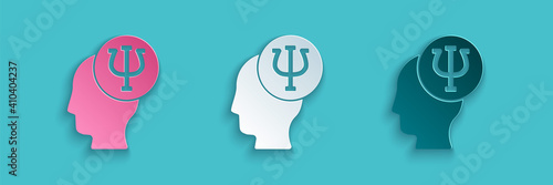 Paper cut Psychology icon isolated on blue background. Psi symbol. Mental health concept, psychoanalysis analysis and psychotherapy. Paper art style. Vector.